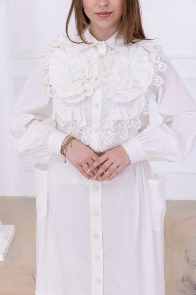 Güllü Tasarım ve Dantel Detaylı Pamuk İkili Takım 4710-Beyaz