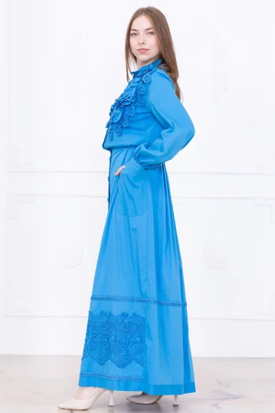 Güllü Tasarım ve Dantel Detaylı Pamuk İkili Takım 4710-Mavi