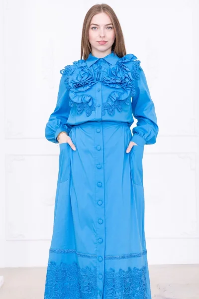 Güllü Tasarım ve Dantel Detaylı Pamuk İkili Takım 4710-Mavi