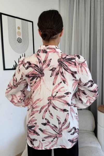 Hakim Yaka Viskon Bluz 6008-Beyaz/Pudra