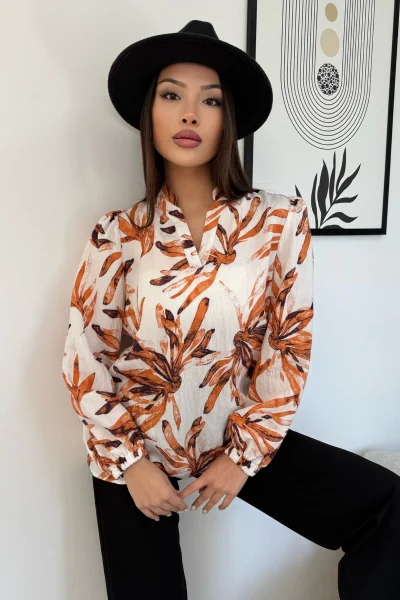 Hakim Yaka Viskon Bluz 6008-Beyaz/Turuncu