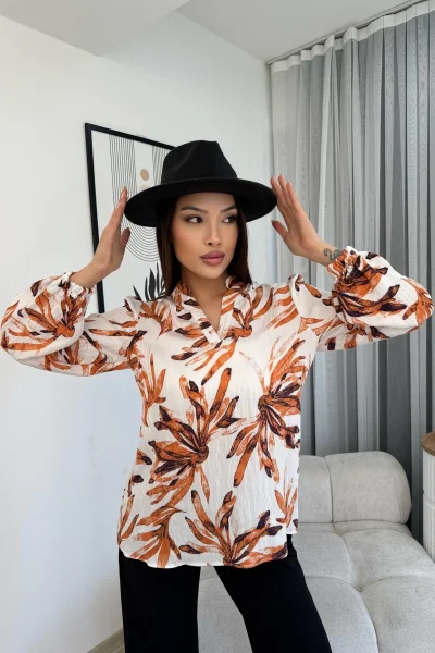 Hakim Yaka Viskon Bluz 6008-Beyaz/Turuncu