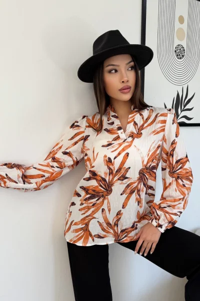 Hakim Yaka Viskon Bluz 6008-Beyaz/Turuncu