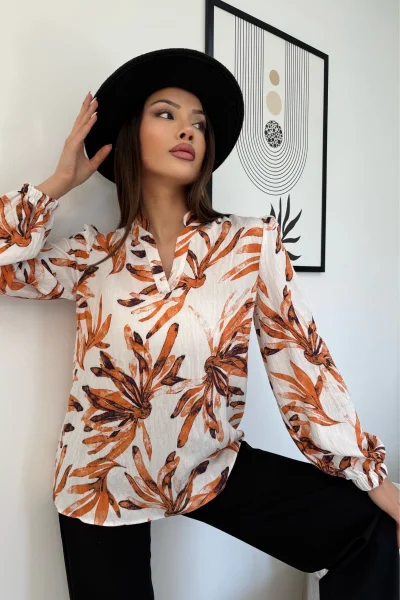 Hakim Yaka Viskon Bluz 6008-Beyaz/Turuncu