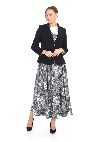 İç Bluzlu Blazer Ceketli Etekli Üçlü Takım 4711-Siyah