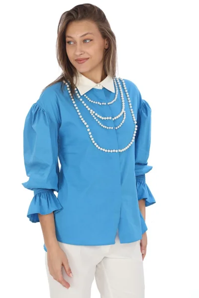 İnci Kolye İşlemeli Bluz 4704-Mavi