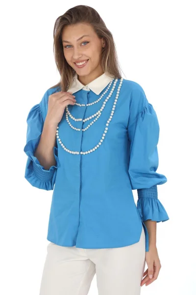 İnci Kolye İşlemeli Bluz 4704-Mavi