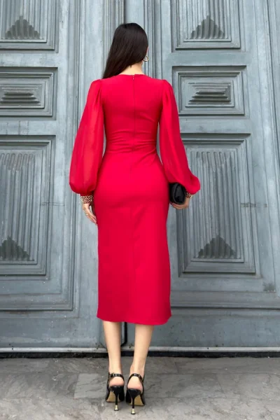 İnci Süsleme Detaylı Yırtmaçlı Abiye Elbise 2223-Kırmızı