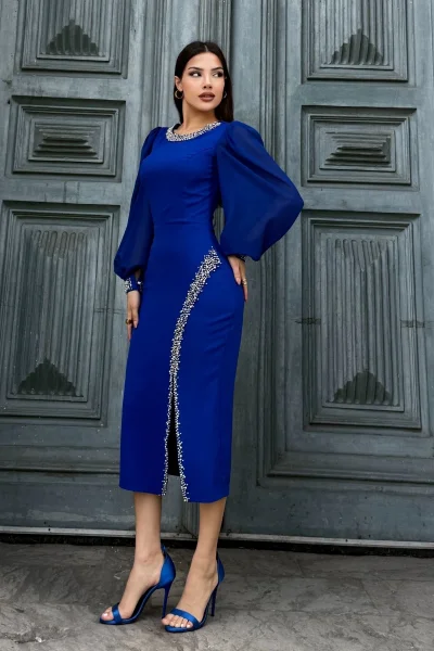 İnci Süsleme Detaylı Yırtmaçlı Abiye Elbise 2223-Saks