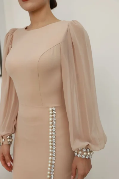İnci ve Taş Süslemeli Balon Kol Abiye Elbise 2244-Camel