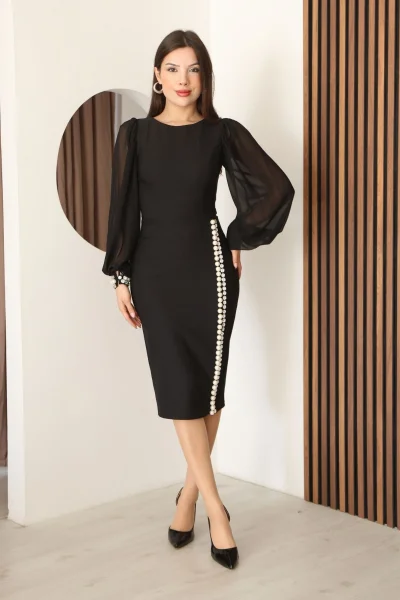 İnci ve Taş Süslemeli Balon Kol Abiye Elbise 2244-Siyah
