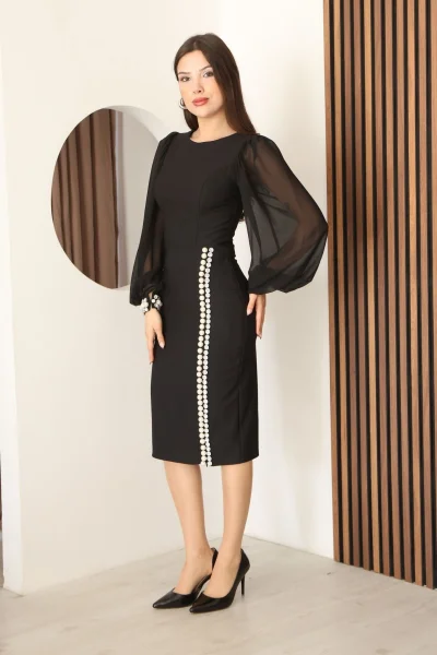 İnci ve Taş Süslemeli Balon Kol Abiye Elbise 2244-Siyah