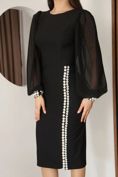 İnci ve Taş Süslemeli Balon Kol Abiye Elbise 2244-Siyah