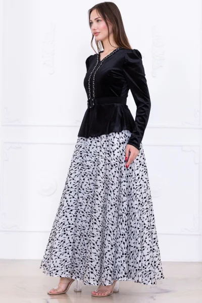 İşleme Detaylı Abiye Kadife Elbise 2748-Siyah/Beyaz