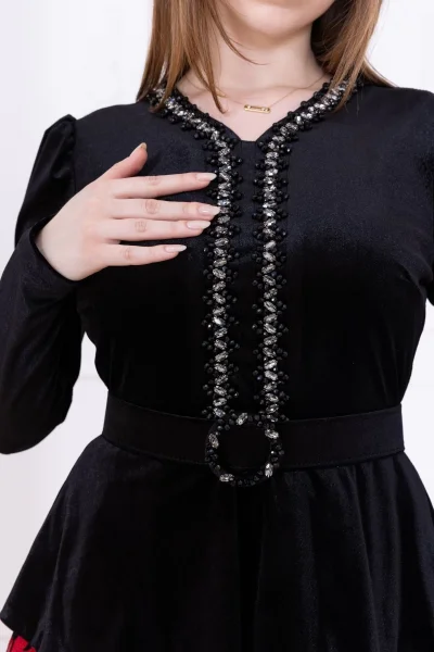 İşleme Detaylı Kadife Abiye Elbise 2748-Siyah/Kırmızı