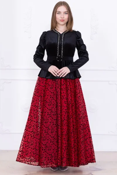 İşleme Detaylı Kadife Abiye Elbise 2748-Siyah/Kırmızı