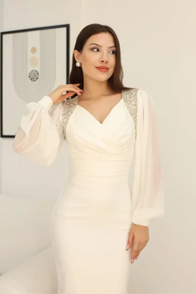 İşlemeli Omuz Detaylı Balon Kollu Kruvaze Yaka Midi Elbise 2326-Beyaz