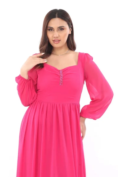 Kalp Yaka Büyük Beden Elbise 1785-Fuşya