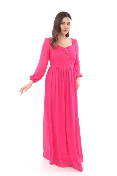 Kalp Yaka Büyük Beden Elbise 1785-Fuşya