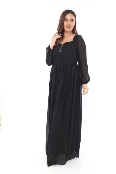Kalp Yaka Büyük Beden Elbise 1785-Siyah