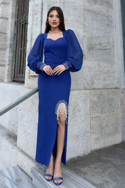 Kalp Yaka İnci ve Zincir Süslemeli Kemerli Abiye Elbise 2238-Saks