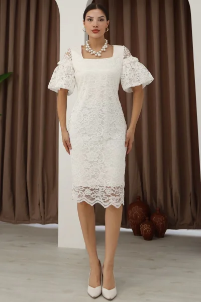 Kare Yaka Balon Kollu Dantel Elbise 6039-Beyaz