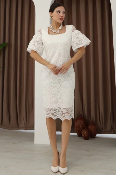 Kare Yaka Balon Kollu Dantel Elbise 6039-Beyaz