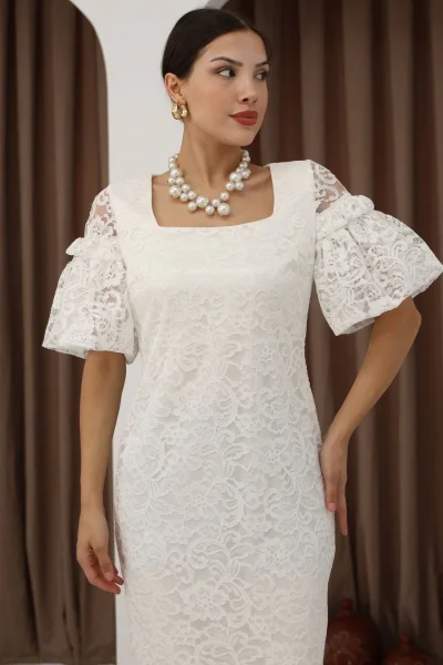 Kare Yaka Balon Kollu Dantel Elbise 6039-Beyaz