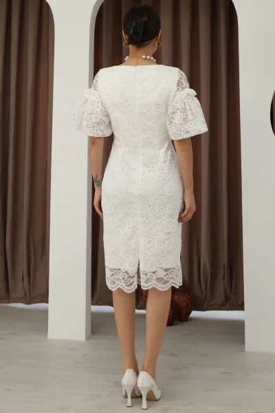 Kare Yaka Balon Kollu Dantel Elbise 6039-Beyaz