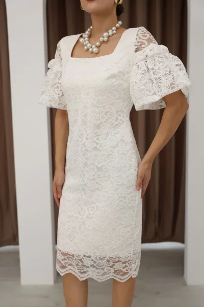 Kare Yaka Balon Kollu Dantel Elbise 6039-Beyaz