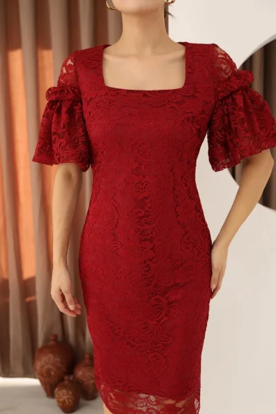 Kare Yaka Balon Kollu Dantel Elbise 6039-Bordo