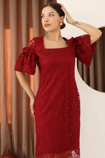 Kare Yaka Balon Kollu Dantel Elbise 6039-Bordo