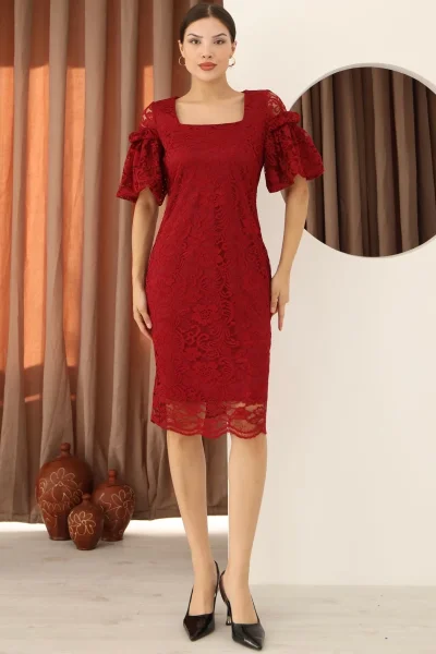 Kare Yaka Balon Kollu Dantel Elbise 6039-Bordo