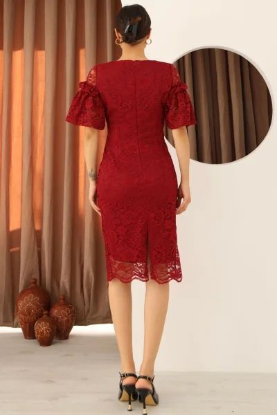 Kare Yaka Balon Kollu Dantel Elbise 6039-Bordo