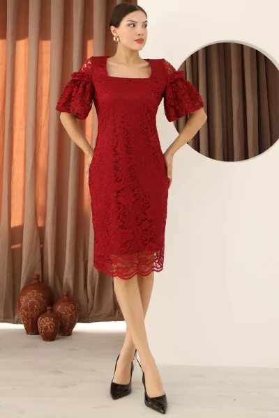Kare Yaka Balon Kollu Dantel Elbise 6039-Bordo