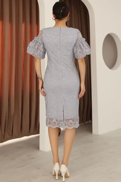 Kare Yaka Balon Kollu Dantel Elbise 6039-Gri