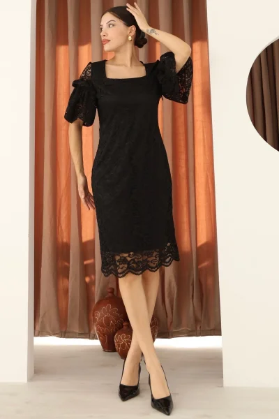 Kare Yaka Balon Kollu Dantel Elbise 6039-Siyah