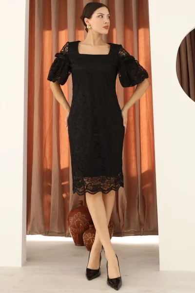 Kare Yaka Balon Kollu Dantel Elbise 6039-Siyah