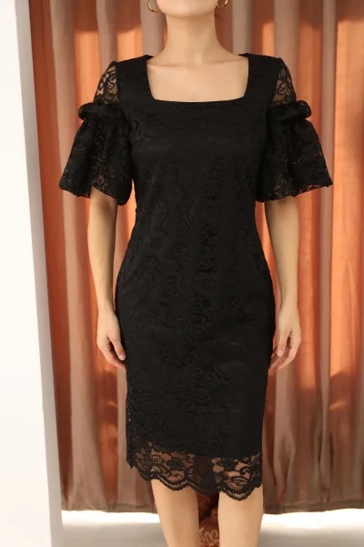 Kare Yaka Balon Kollu Dantel Elbise 6039-Siyah