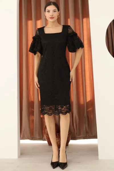 Kare Yaka Balon Kollu Dantel Elbise 6039-Siyah