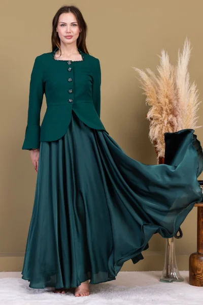 Kare Yaka İşlemeli İkili Takım 4718-Zümrüt Yeşili