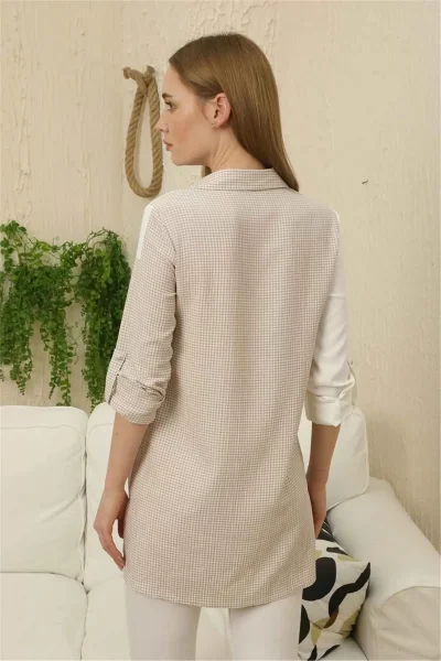Kareli Uzun Kollu Gömlek 1756-Bej/Beyaz