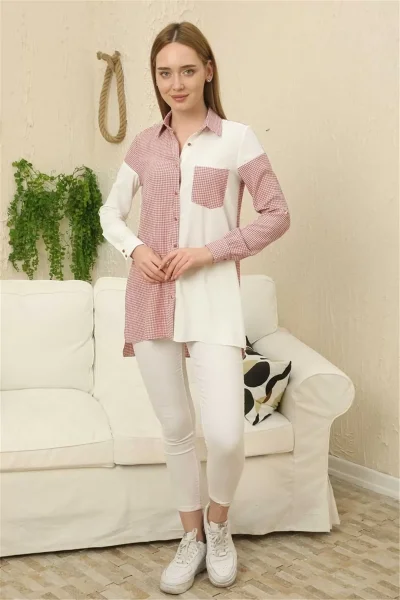 Kareli Uzun Kollu Gömlek 1756-Gül Kurusu/Beyaz