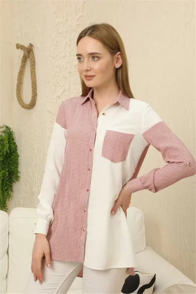 Kareli Uzun Kollu Gömlek 1756-Gül Kurusu/Beyaz