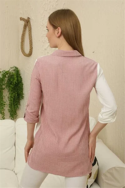 Kareli Uzun Kollu Gömlek 1756-Gül Kurusu/Beyaz