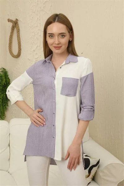 Kareli Uzun Kollu Gömlek 1756-Lila/Beyaz