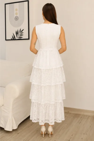 Kat Kat Midi Dantel Elbise 6061-Beyaz