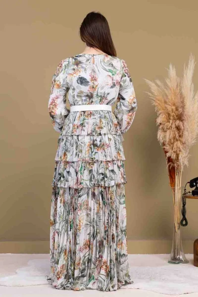 Kat Kat Pliseli Şifon Elbise 2718-Bej