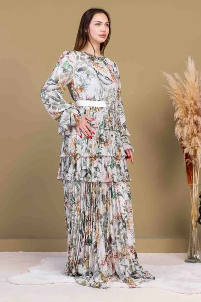 Kat Kat Pliseli Şifon Elbise 2718-Bej