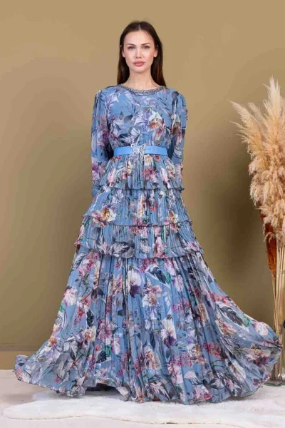 Kat Kat Pliseli Şifon Elbise 2718-İndigo